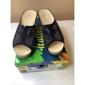 Italina Size 61/2 DW3098 Black High Wedge Embellished Slip On Sandals, Preloved